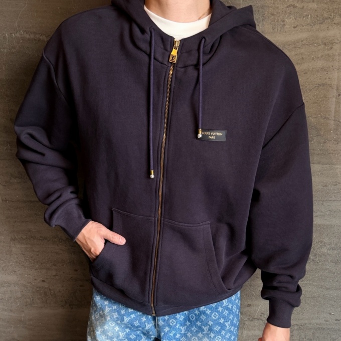 lv louis vuitton leather patch zip hoodie